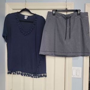Chico's Navy Sweater (light weight) with tassels and Navy & White Skort